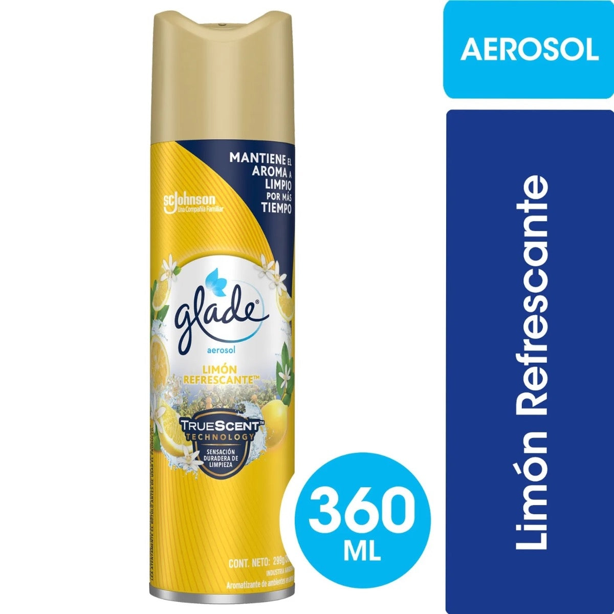 Envase de Glade Desodorante Ambiental 360 ML en uso.