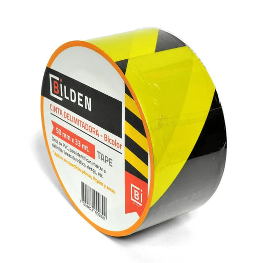 "Cinta Delimitadora Amarillo/Negro 50mm x 33 Metros enrollada, ideal para señalizar áreas de seguridad.