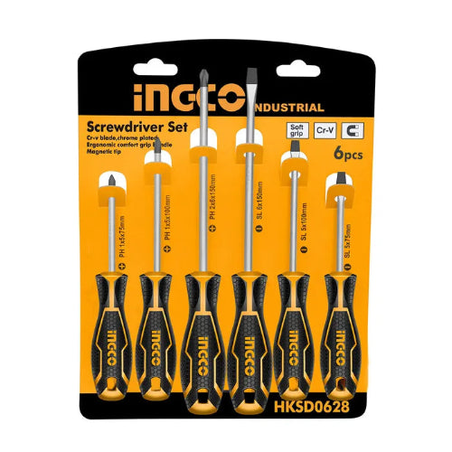 Set de destornilladores planos y cruz INGCO con mangos ergonómicos.