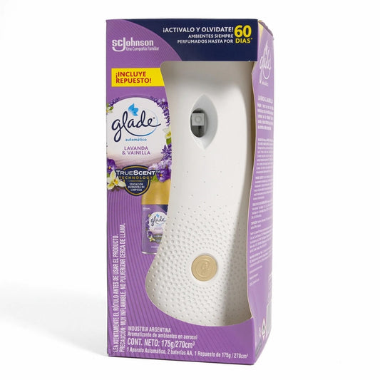 Dispensador automático de desodorante ambiental con fragancia lavanda y vainilla